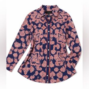 Foxcroft Paisley Button-Up Shirt Women’s Size 8 Navy Orange Wrinkle-Free Cotton